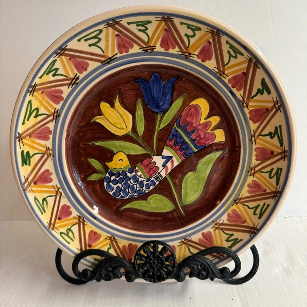 Vintage Pottery Barn LAMAS Brown/Multi dove pottery plate handmade in Italy.